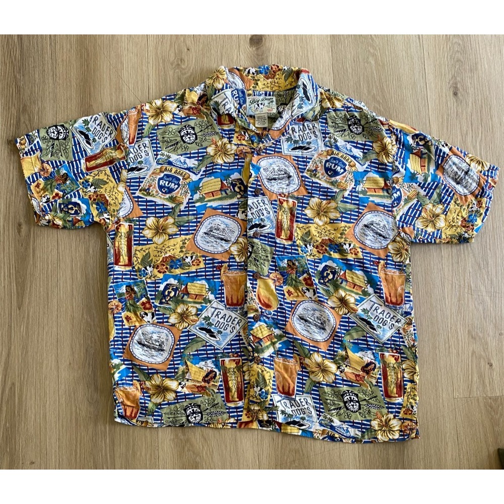 Vintage Big Dogs Mens Hawaiian Shirt Trader Dogs Rum Tiki Drinks Tropical Aloha